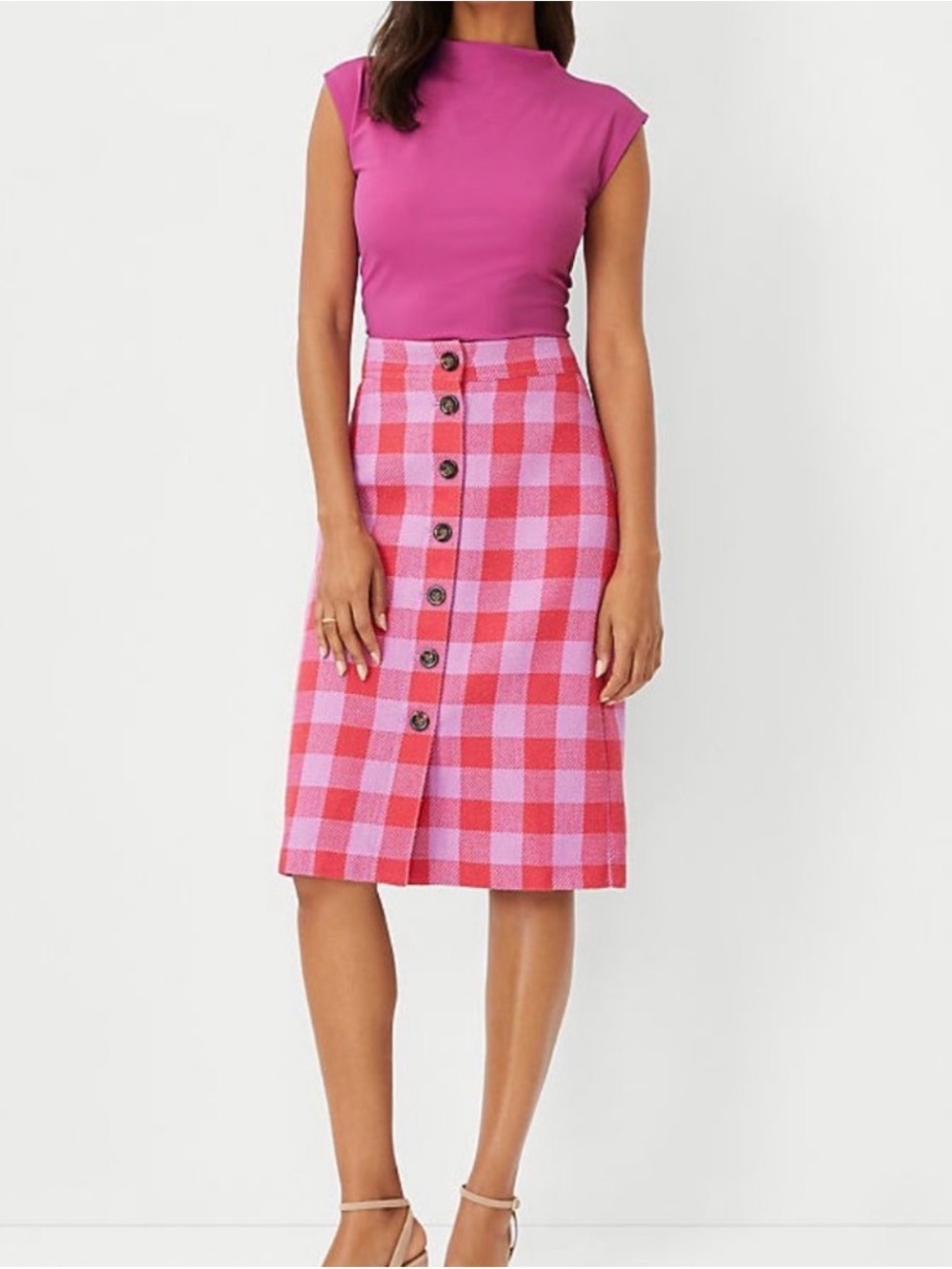 Ann Taylor Pink Gingham Button Front Midi Skirt Size 6